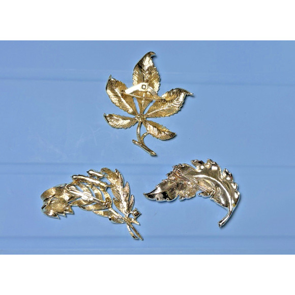 Vintage Lot 3 Leaf Branch Brooch Silvertone Goldstone, Enameled Rhinestone 2" - Picture 16 of 16